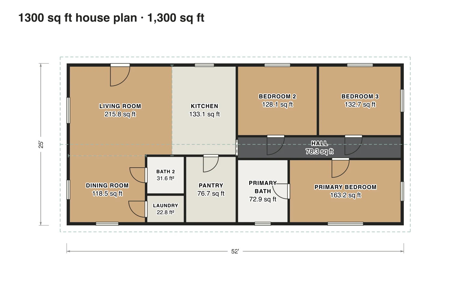 1300 sq ft house plan floor plan: 1,300 sq ft (121 m²) finished, 3 bed, 2 bath · one floor, drawn to scale with every room labeled.