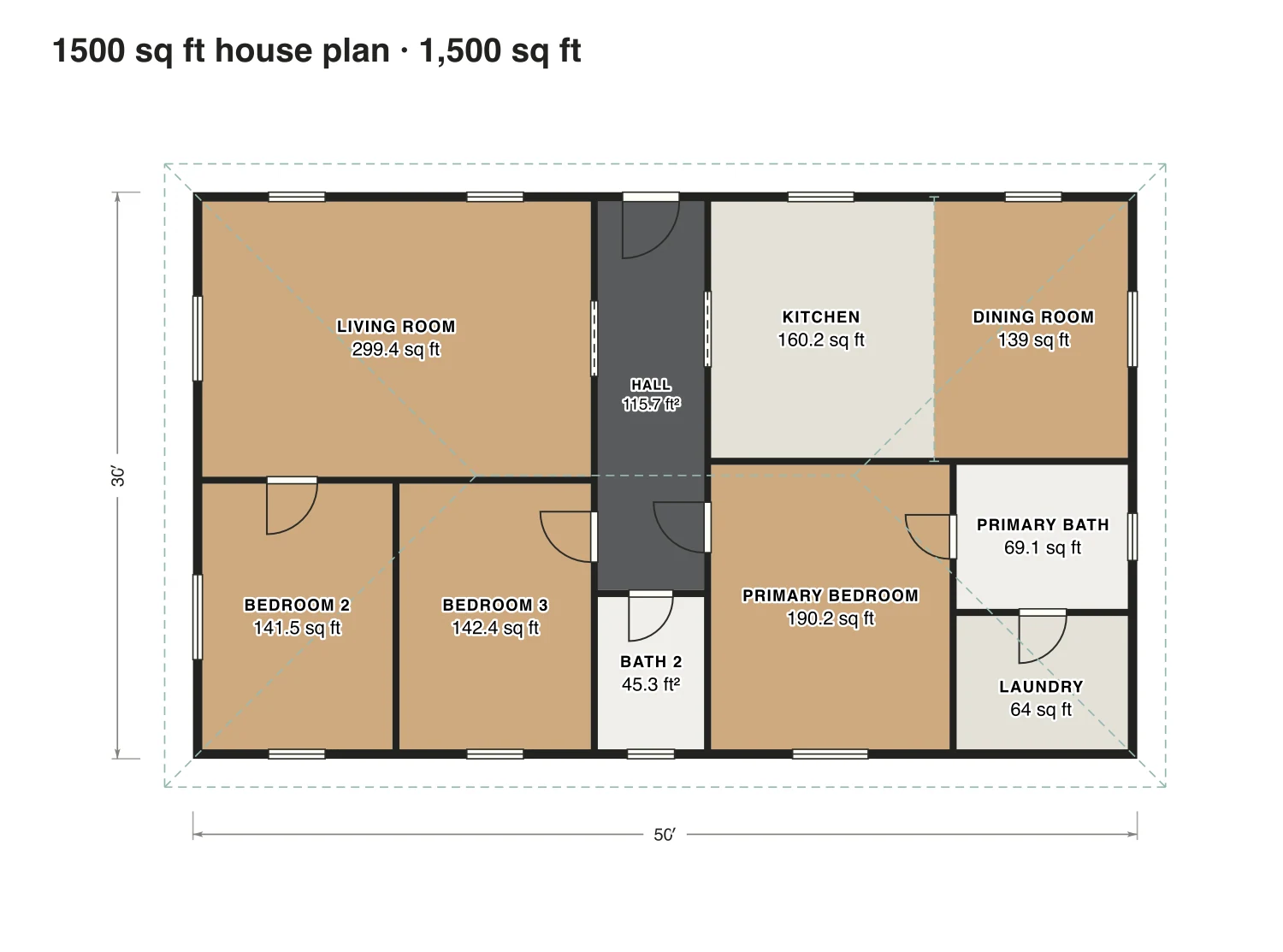 1500 sq ft house plan floor plan: 1,500 sq ft (139 m²) finished, 3 bed, 2 bath · one floor, drawn to scale with every room labeled.